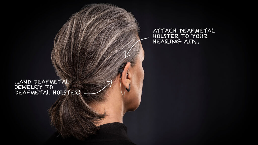 Image shows back of Oman's head wearing hearing aid with chain earring in silver and written instructions